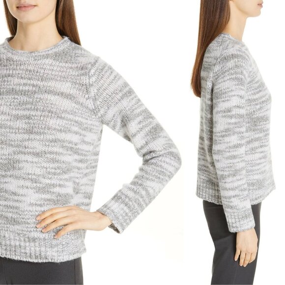 Eileen Fisher Merino Wool Silk Blend Marled Gray Sweater L Cozy Warm Crew $375 - Picture 2 of 15